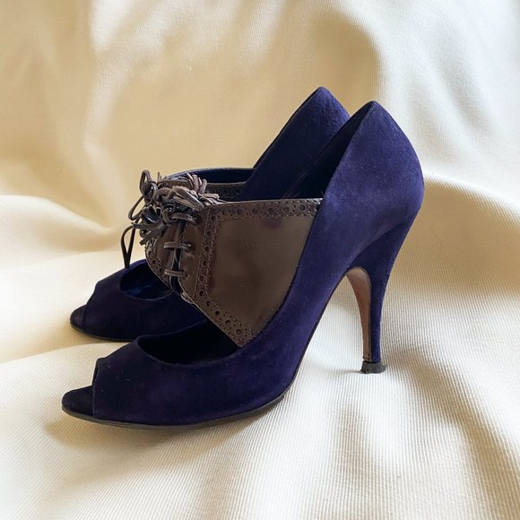 Moschino Cheap & Chic Purple Suede Peep Toe Spectators, size 38 (fits wide) - Picture 1 of 6